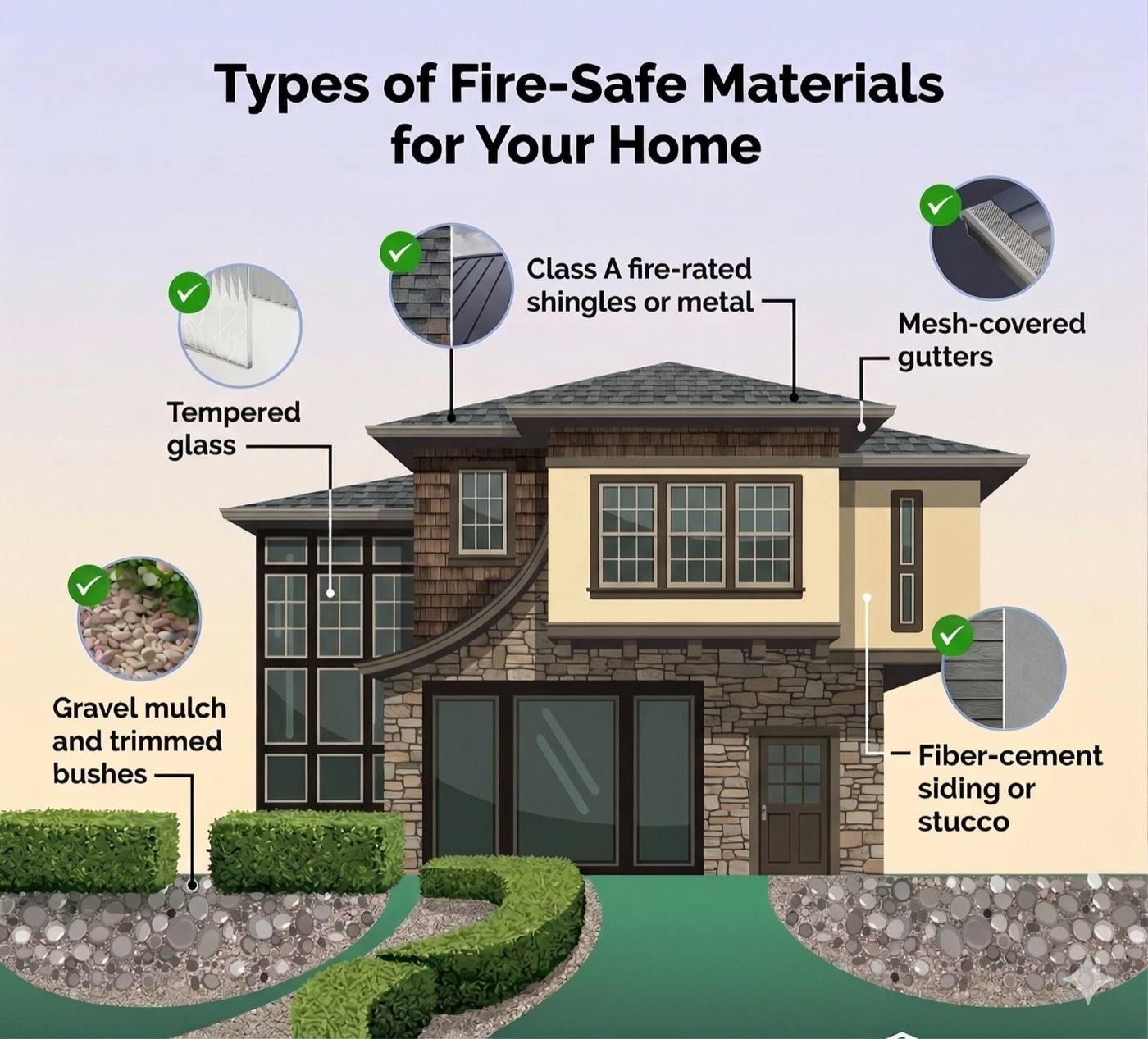 Types of fire-safe materials for your home - Class A shingles, mesh gutters, tempered glass, fiber-cement siding diagram